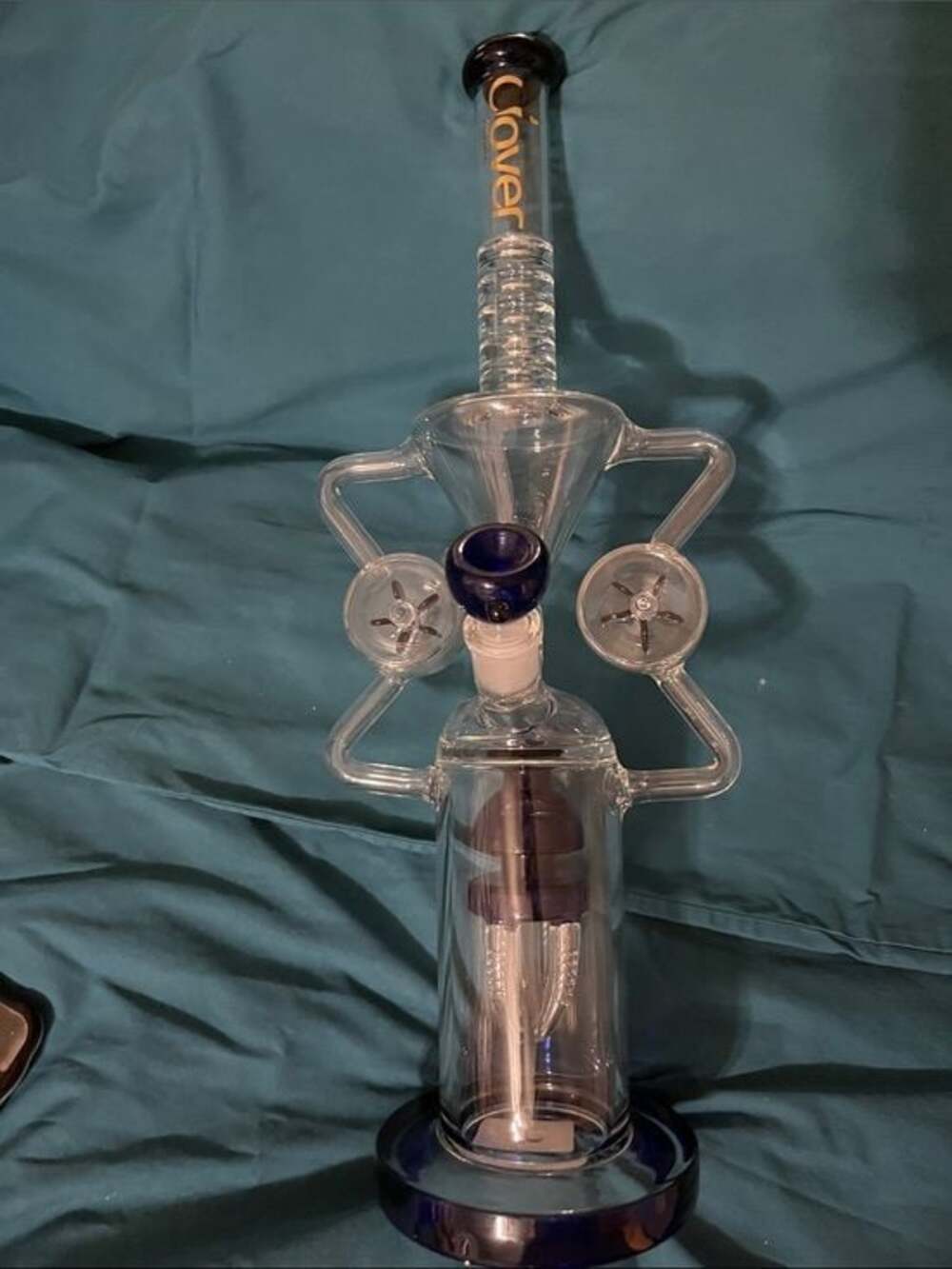 Clover Glass Recycler  Unique Clear with  Blue Glass Accents  with Blue Trim